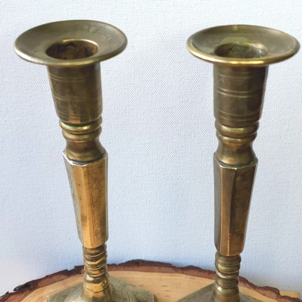 Vintage Brass Mid Century Candleholders Hexagonal Base Etched Floral 9